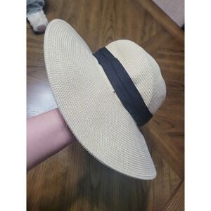 Solar Escape Womens Wide Brim Sun Hat‎ Tan Black Ribbon Chin Strap One Size